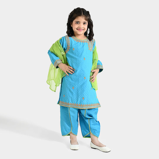 Girls Viscose 3-Pc Set (Falak) - Teal Blue/Green