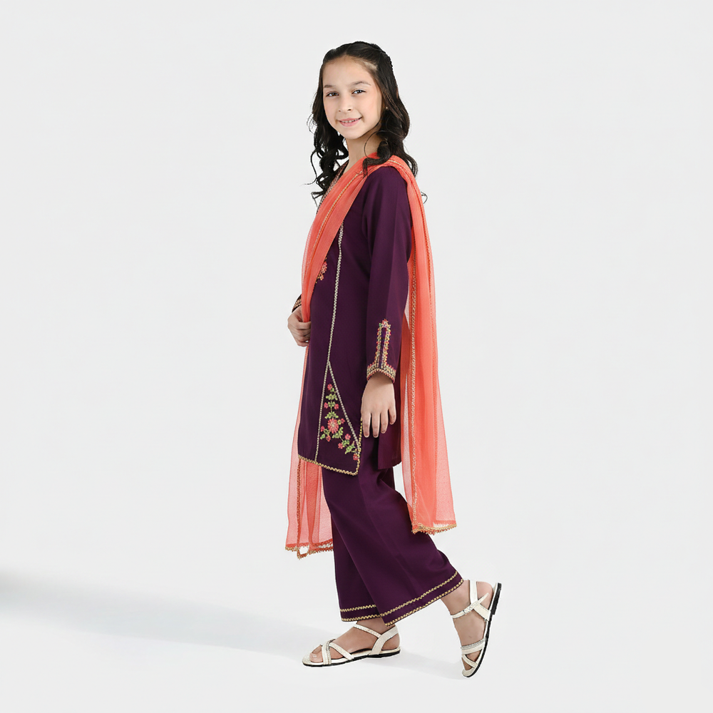 Girls Poly Cambric 3-Piece Set (Rang Saaz) - Purple