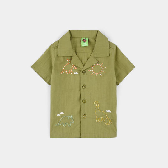 Infant Boys Casual Shirt (Sun And Dino) - Olive Green