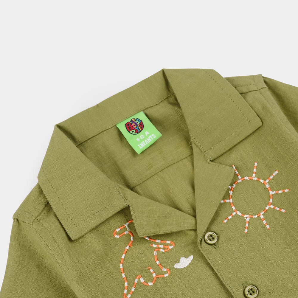 Infant Boys Casual Shirt (Sun And Dino) - Olive Green