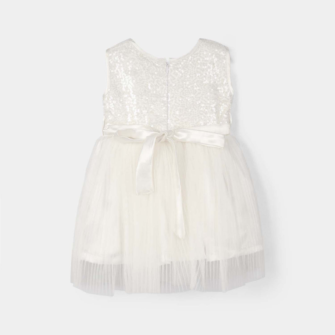Infant Girls Sequence Fancy Frock-Pleated-White
