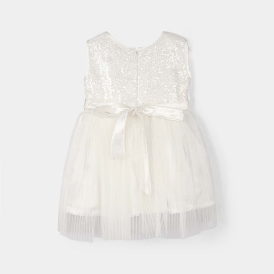Infant Girls Sequence Fancy Frock-Pleated-White