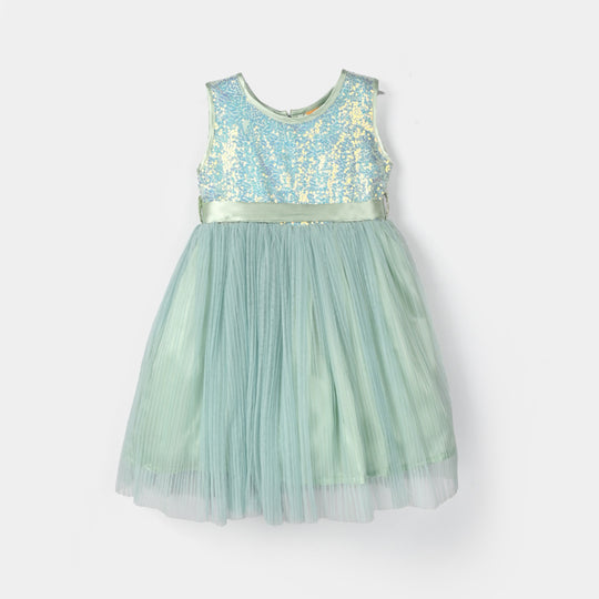 Girls Sequence Fancy Frock-Pleated-Sea.Green