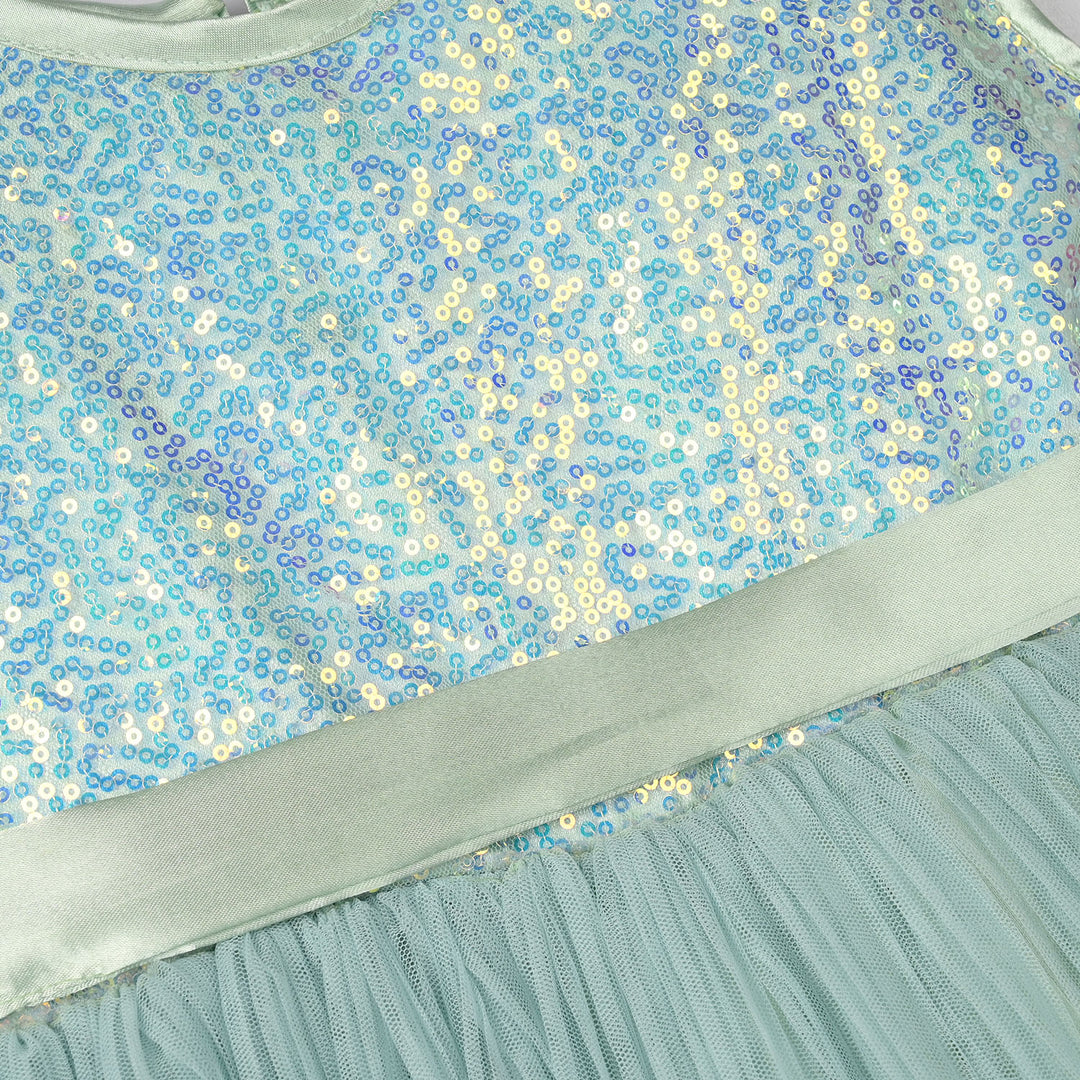 Girls Sequence Fancy Frock-Pleated-Sea.Green