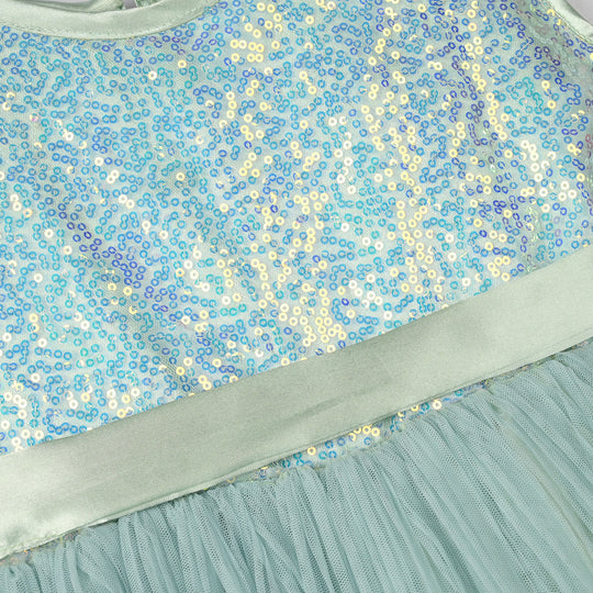 Girls Sequence Fancy Frock-Pleated-Sea.Green