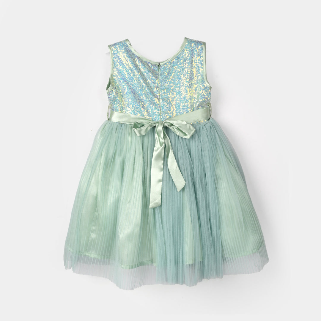 Girls Sequence Fancy Frock-Pleated-Sea.Green
