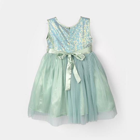 Girls Sequence Fancy Frock-Pleated-Sea.Green