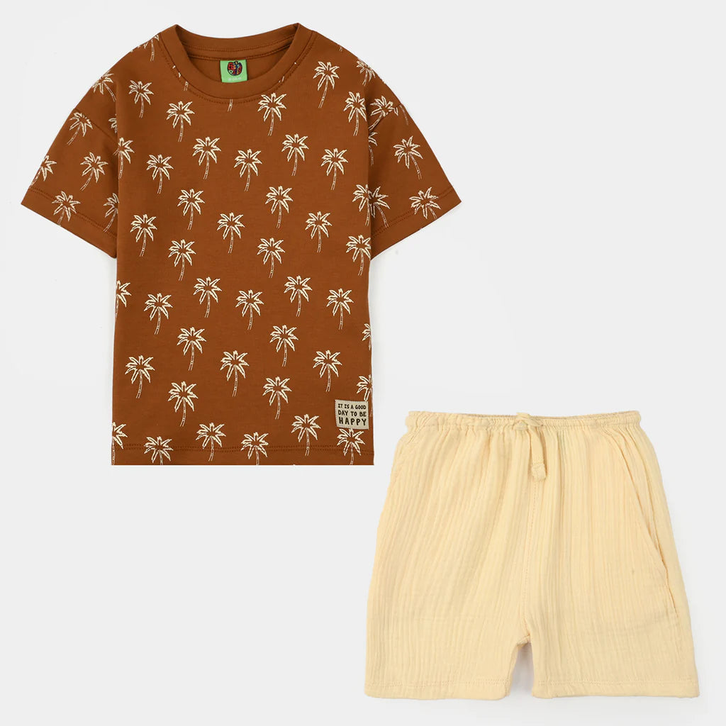 Infant Boys Cotton Interlock Suit (Good Day) - Brown/Off White