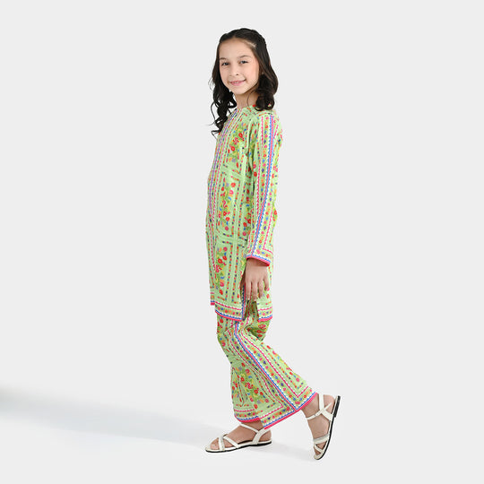 Girls Poly Lawn Printed 2-Piece Set (Rang Bhar) - Green