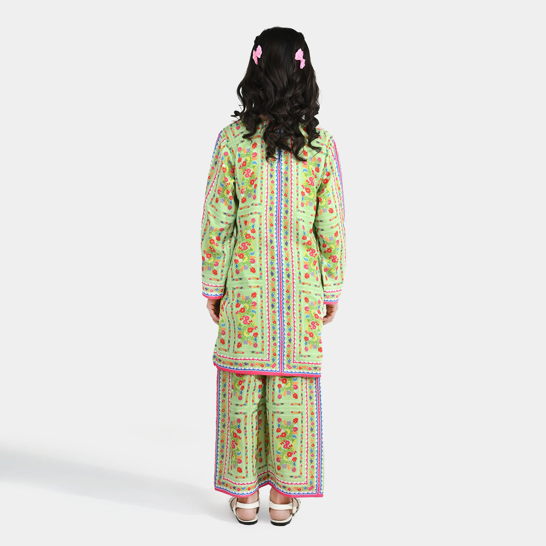 Girls Poly Lawn Printed 2-Piece Set (Rang Bhar) - Green