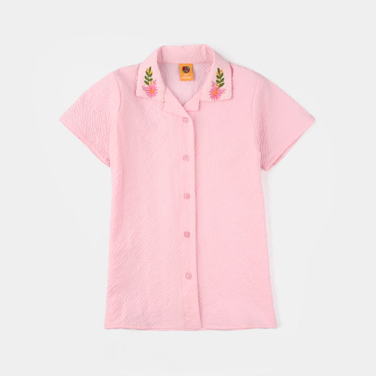 Girls Poly Crinkle Emb Co-Ord Set Butterfly-L.Pink