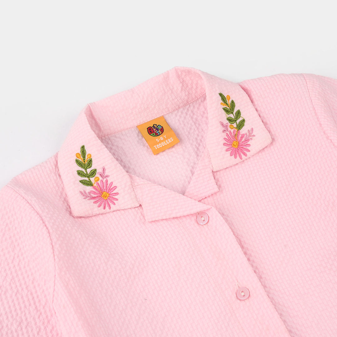 Girls Poly Crinkle Emb Co-Ord Set Butterfly-L.Pink