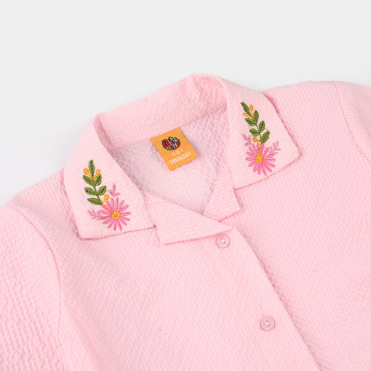 Girls Poly Crinkle Emb Co-Ord Set Butterfly-L.Pink