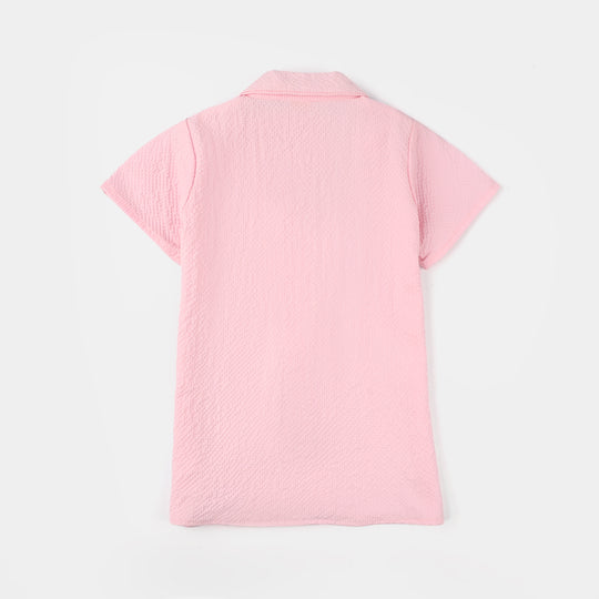 Girls Poly Crinkle Emb Co-Ord Set Butterfly-L.Pink