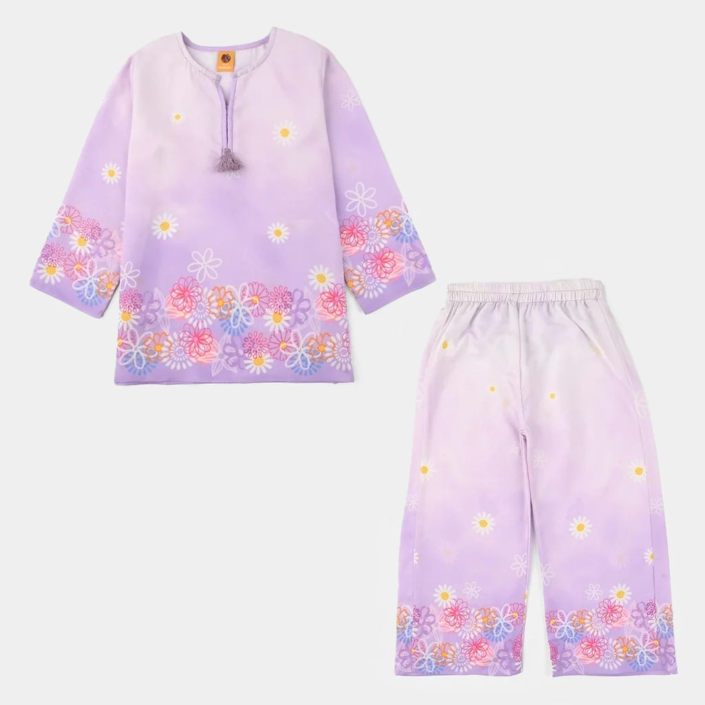 Girls Poly Lawn Co-Ord Set (Daisy) - Light Purple