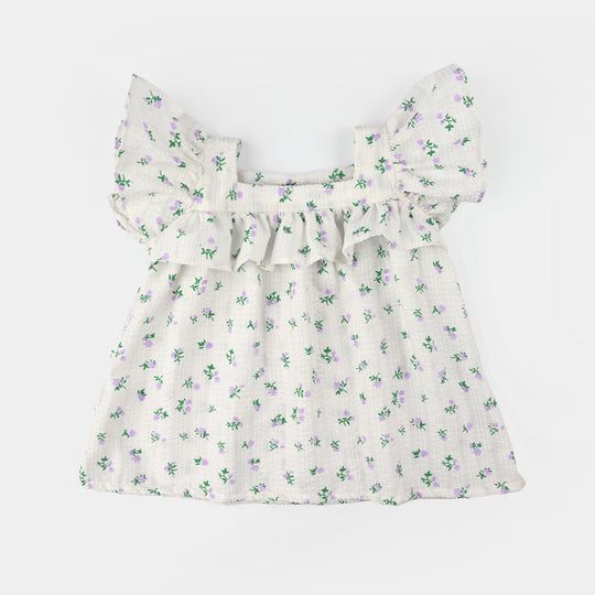 Infant Girls Seersucker Casual Top (Blue Bow) - White