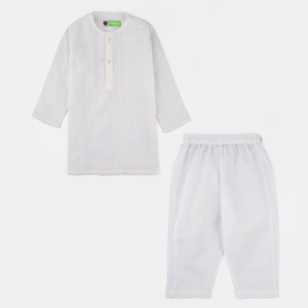 Infant Boys Cotton Kurta Pajama (Chicken Kari) - White