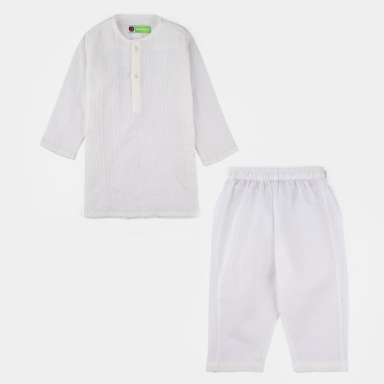 Infant Boys Cotton Kurta Pajama (Chicken Kari) - White