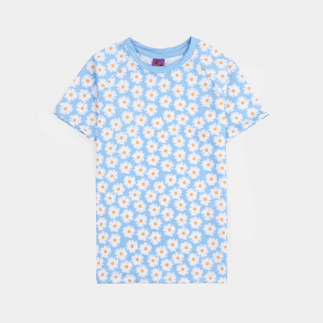 Girls Nylon Swimming 2Piece Suit Floral-Blue
