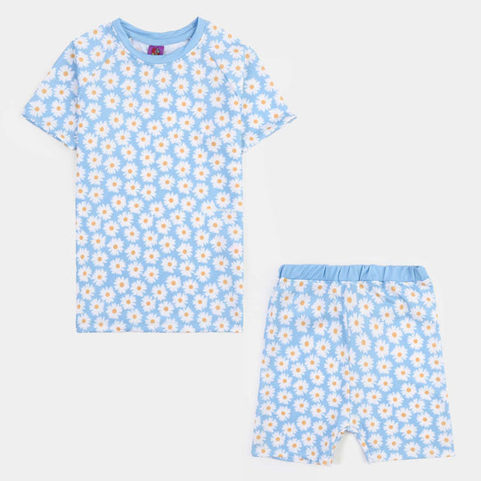 Girls Nylon Swimming 2Piece Suit Floral-Blue