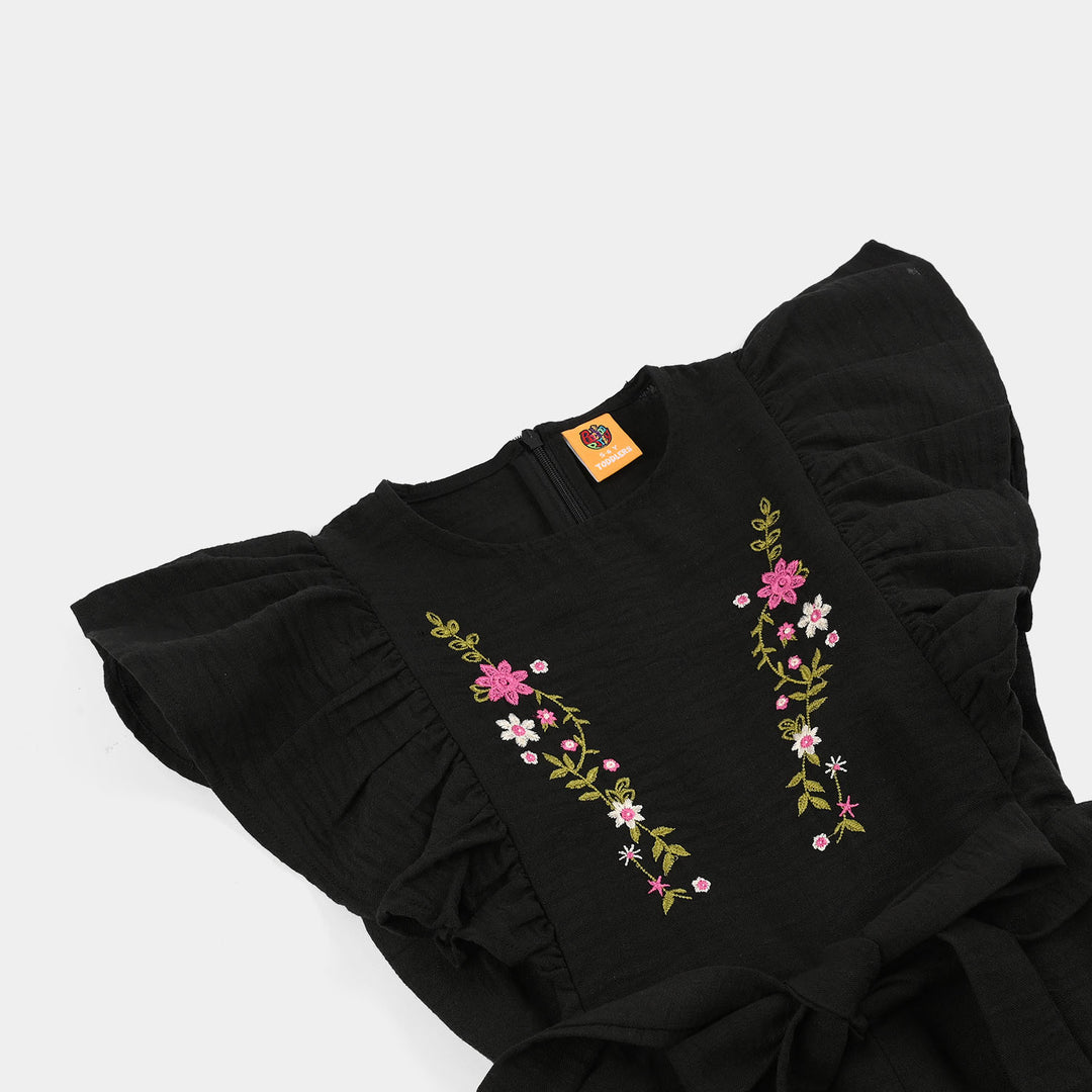 Girls Cotton Embroidered Jumpsuit (Knight Rise) - Black