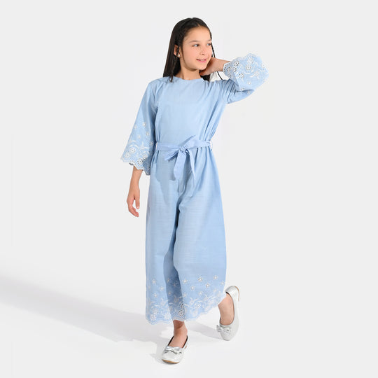 Girls Slub Jersey Emb Jumpsuit Blue Ocean-Blue