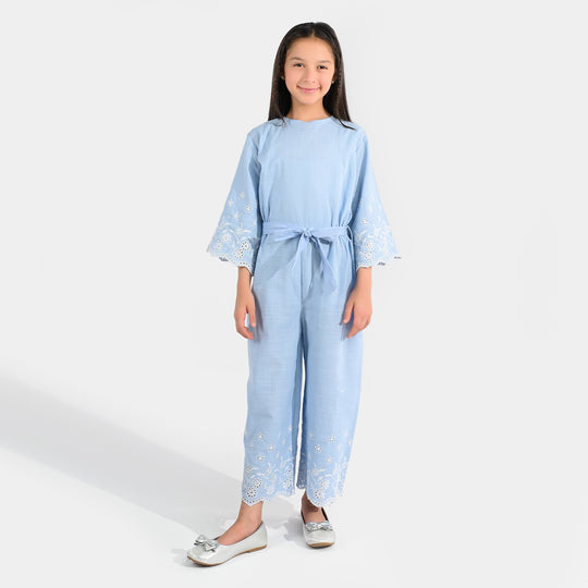 Girls Slub Jersey Emb Jumpsuit Blue Ocean-Blue