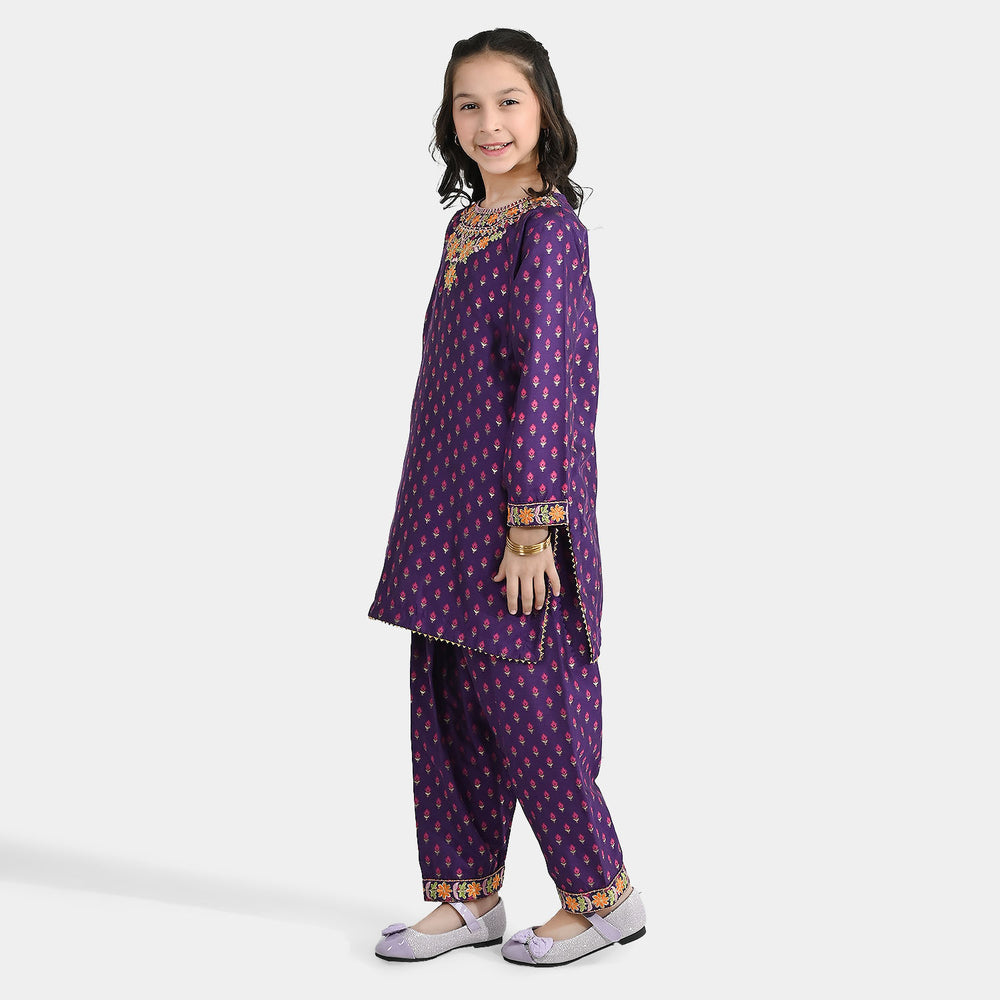 Girls Cotton Jacquard Emb 2Pcs Dilruba-PURPLE