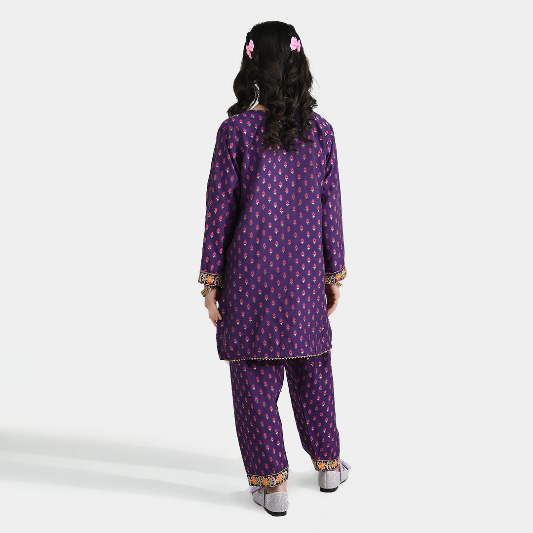 Girls Cotton Jacquard Emb 2Pcs Dilruba-PURPLE