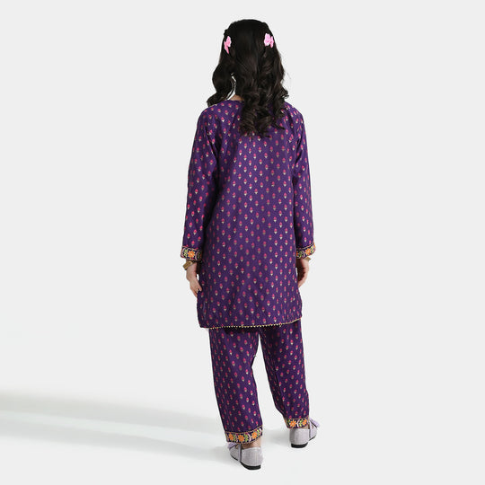 Girls Cotton Jacquard Emb 2Pcs Dilruba-PURPLE
