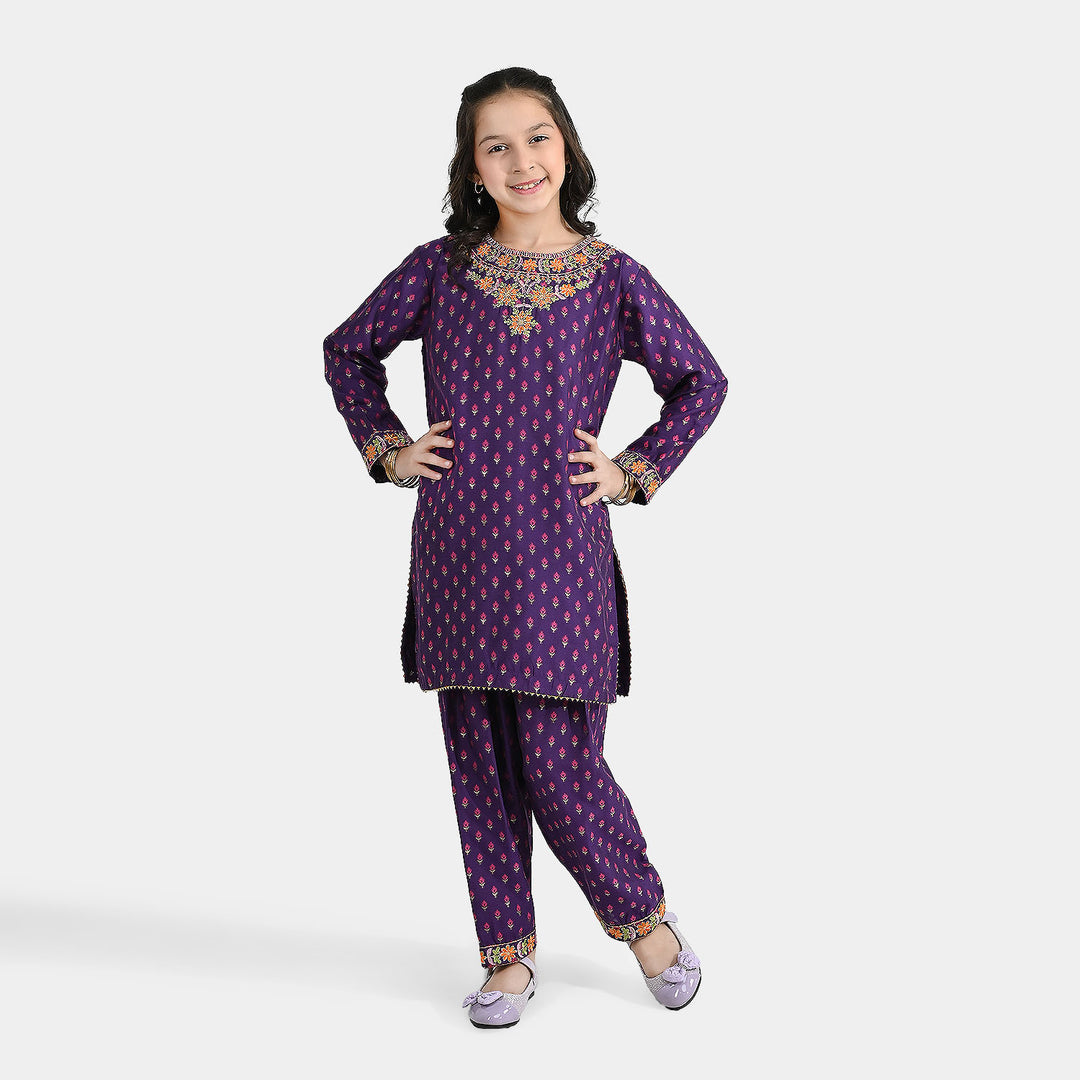 Girls Cotton Jacquard Emb 2Pcs Dilruba-PURPLE