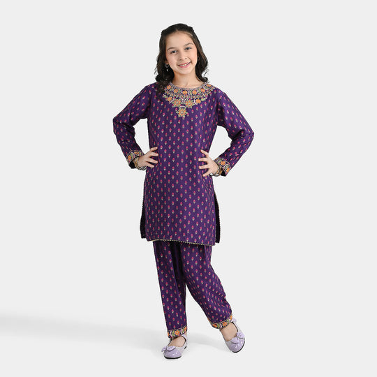 Girls Cotton Jacquard Emb 2Pcs Dilruba-PURPLE