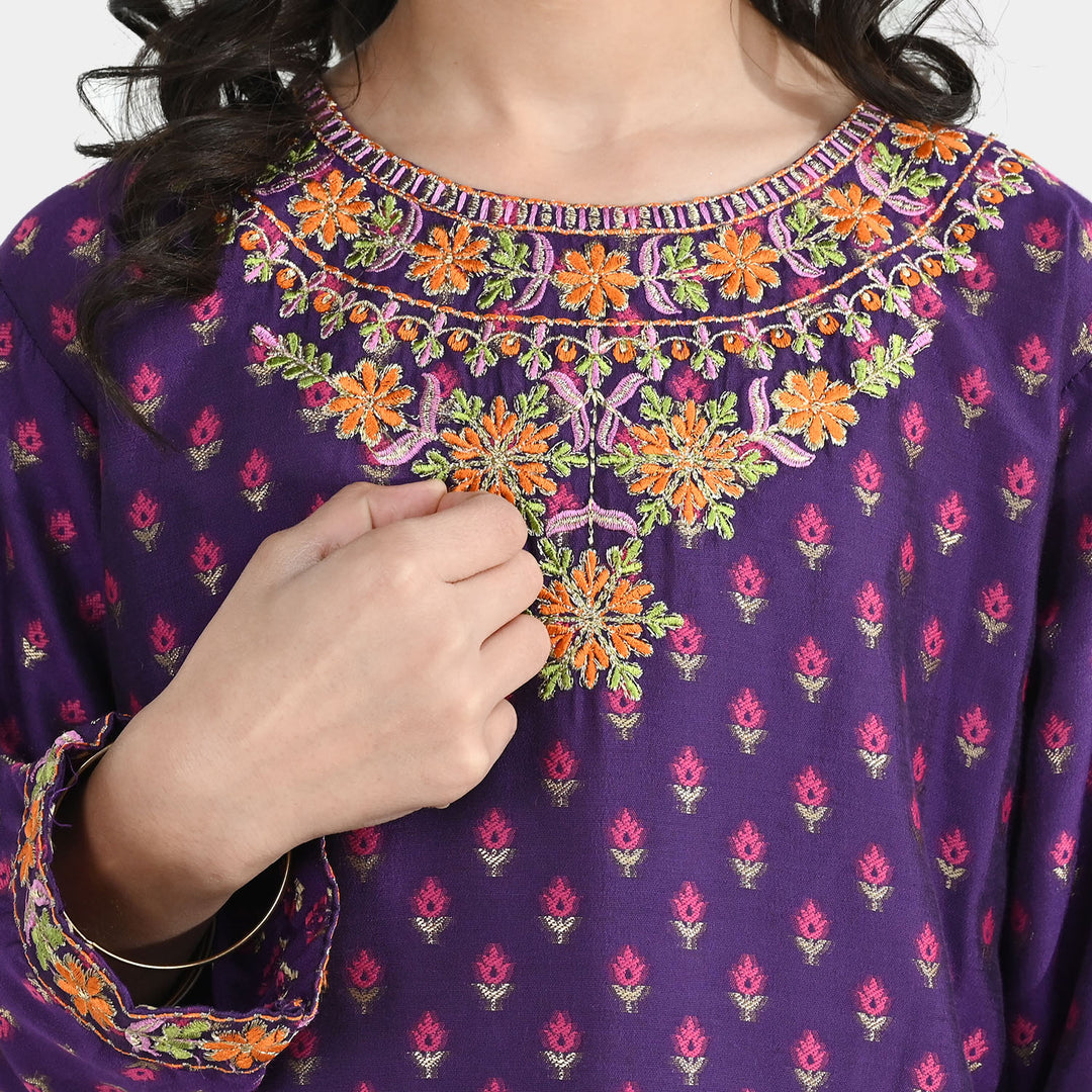 Girls Cotton Jacquard Emb 2Pcs Dilruba-PURPLE