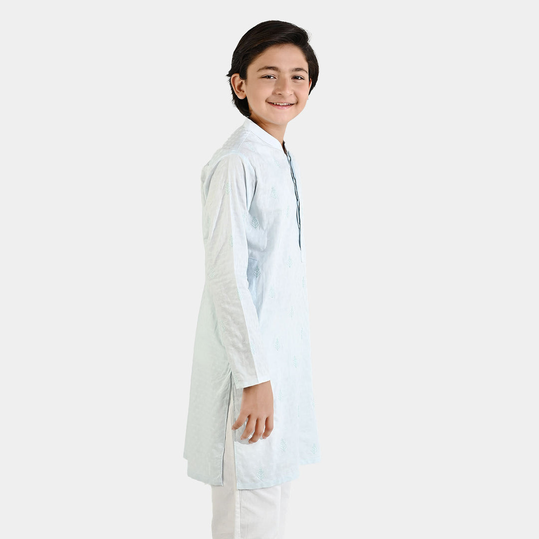 Boys Cotton Jacquard Embroidered Kurta (Breeze) - Light Blue