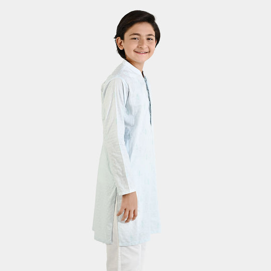 Boys Cotton Jacquard Embroidered Kurta (Breeze) - Light Blue
