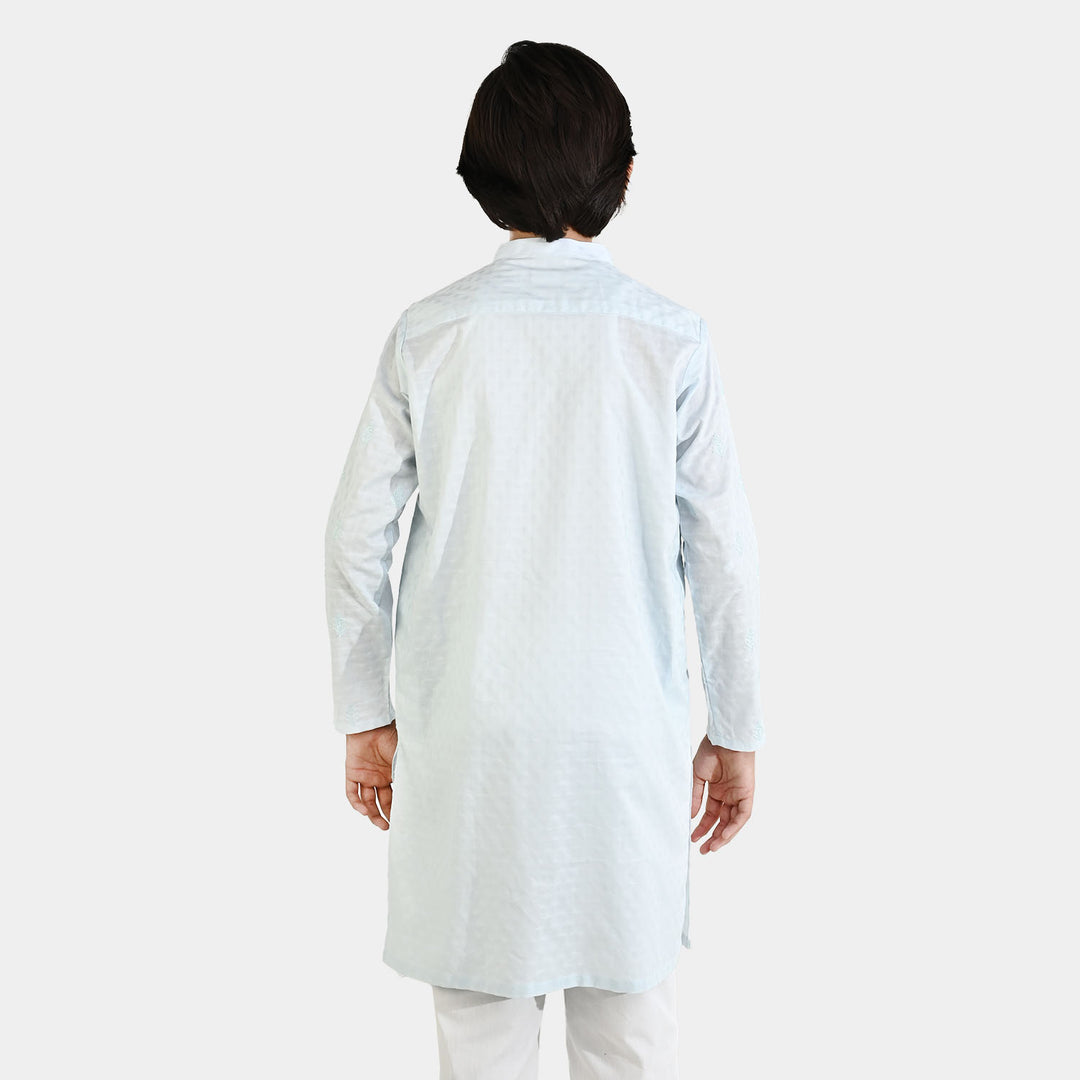 Boys Cotton Jacquard Embroidered Kurta (Breeze) - Light Blue