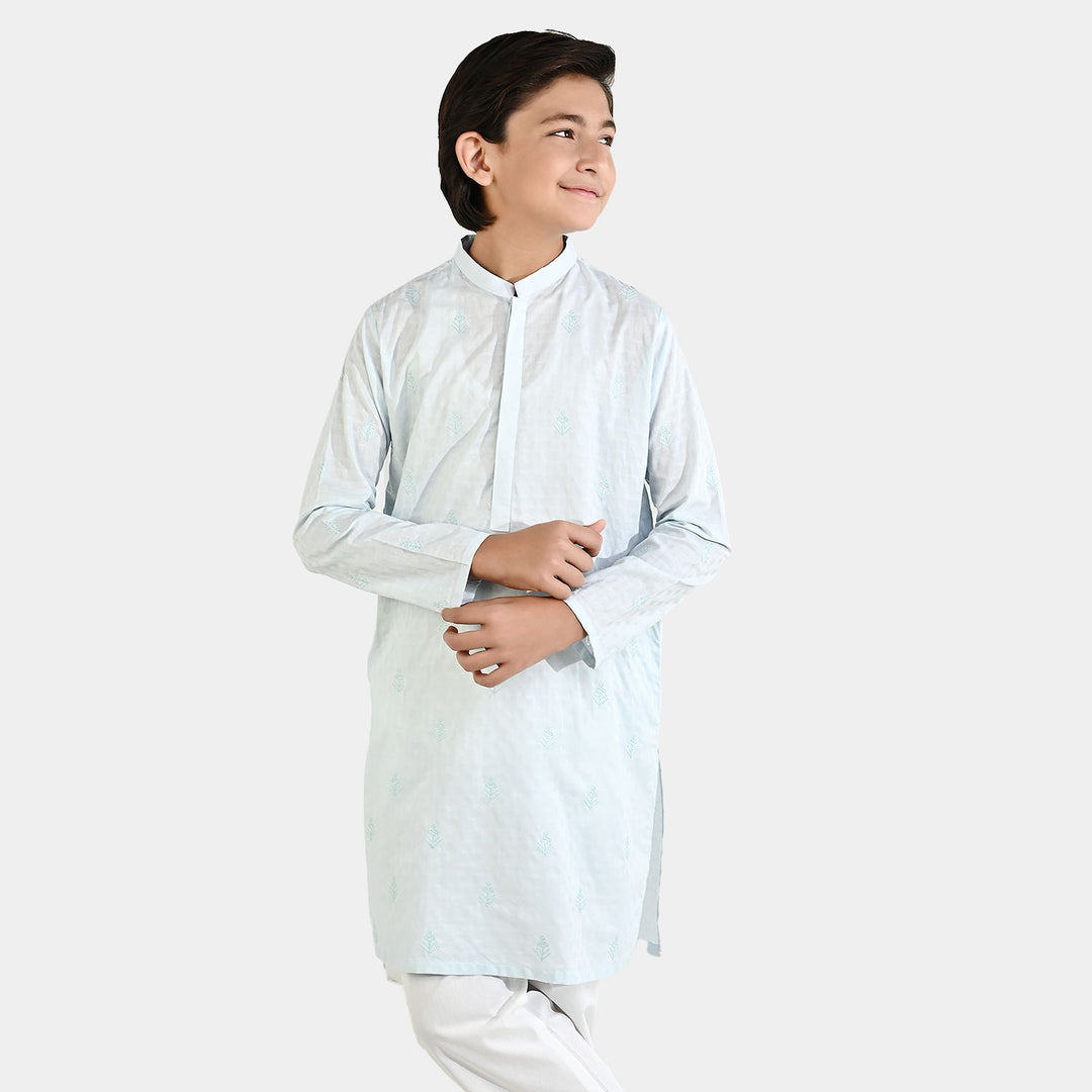 Boys Cotton Jacquard Embroidered Kurta (Breeze) - Light Blue