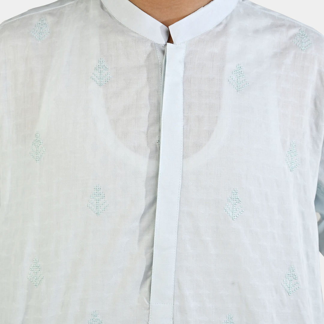 Boys Cotton Jacquard Embroidered Kurta (Breeze) - Light Blue