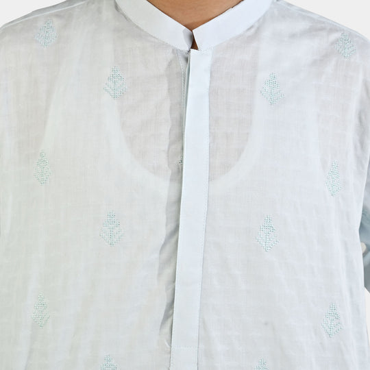 Boys Cotton Jacquard Embroidered Kurta (Breeze) - Light Blue