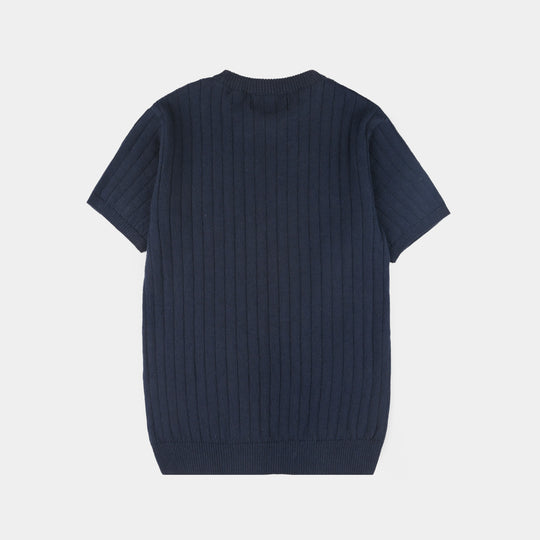 Boys Cotton Sweater Knit T-Shirt (Dropline) - Navy Blue