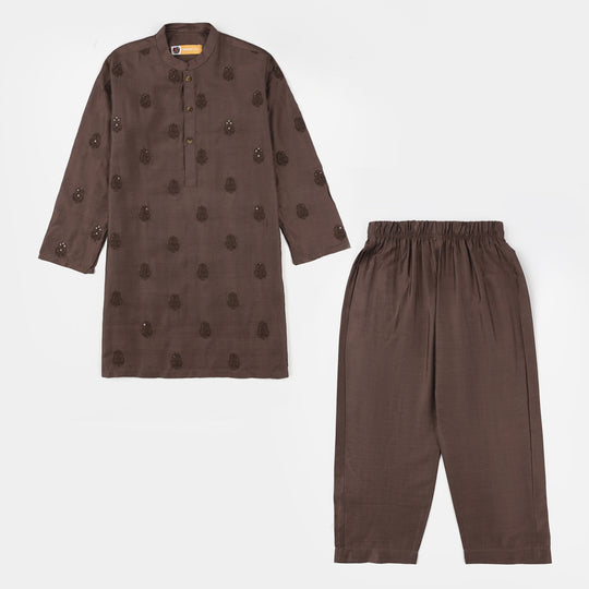 Boys Cotton Viscose Kurta Pajama (Sitara) - Brown