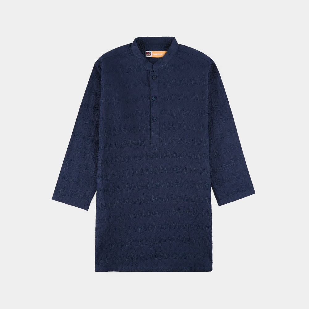 Boys Cotton Poplin Kurta Pajama (Chicken Kari) - Blue