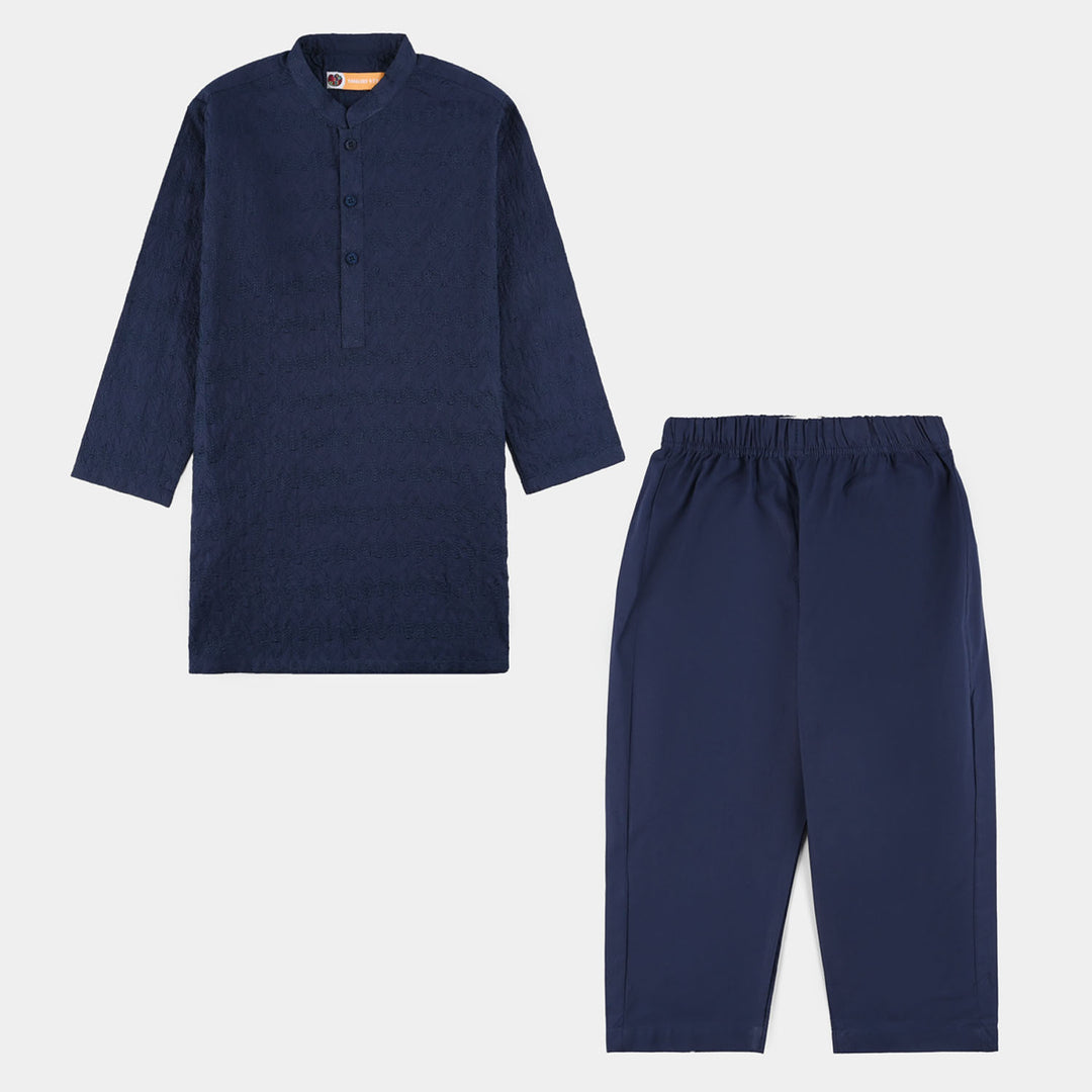 Boys Cotton Poplin Kurta Pajama (Chicken Kari) - Blue