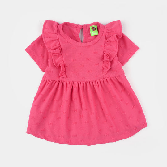 Infant Girls Jacquard Frill Frock (Bow) - Pink