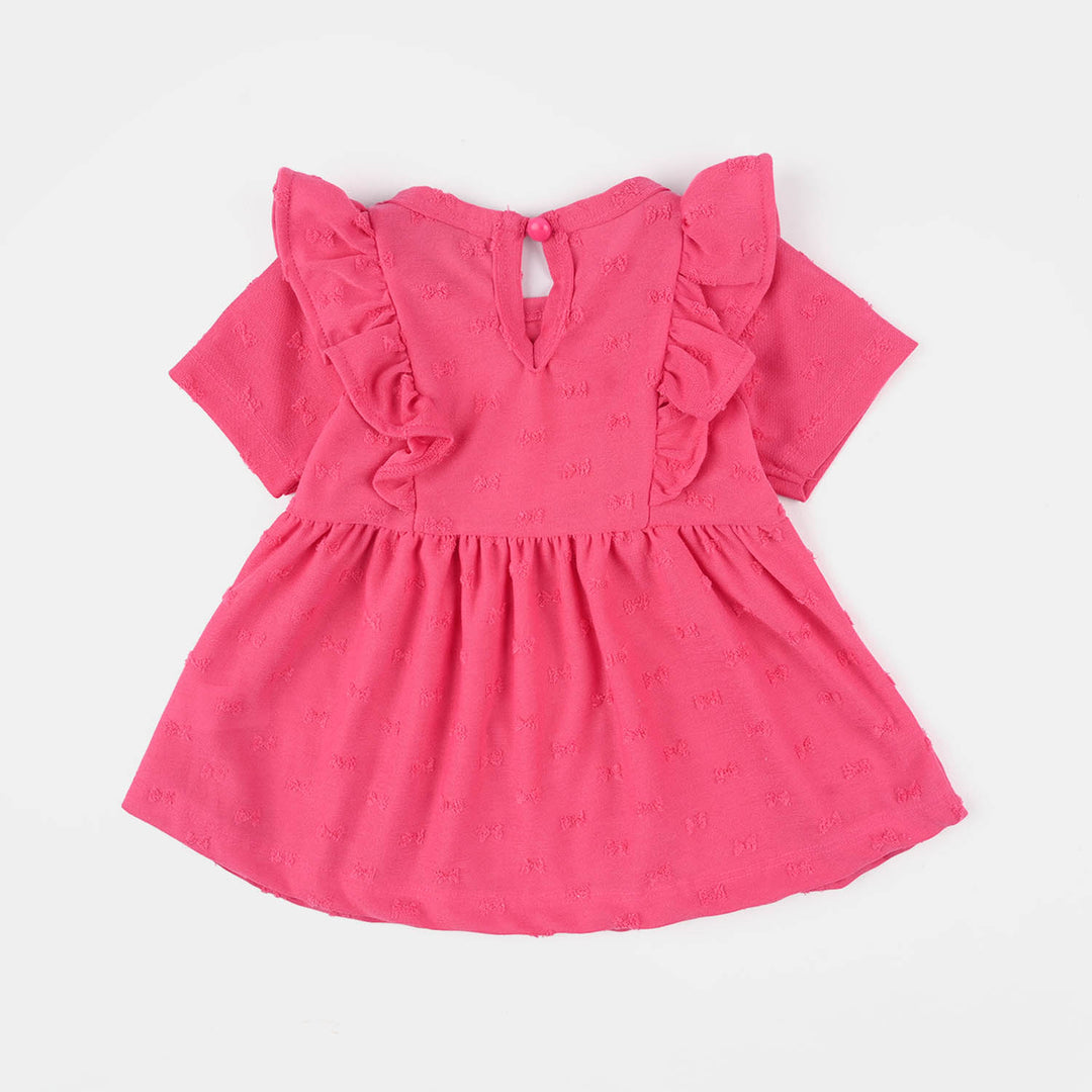 Infant Girls Jacquard Frill Frock (Bow) - Pink