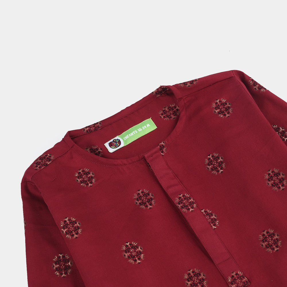 Infant Boys Cotton Jacquard Printed Kurta - Red