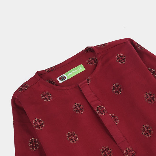Infant Boys Cotton Jacquard Printed Kurta - Red