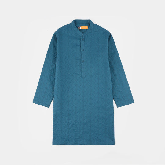 Boys Cotton Poplin EMB Kurta (Lynos Chicken Kari)-T.Blue