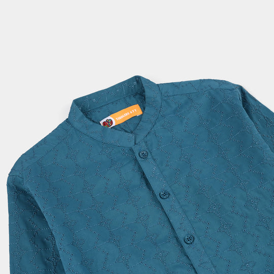 Boys Cotton Poplin EMB Kurta (Lynos Chicken Kari)-T.Blue