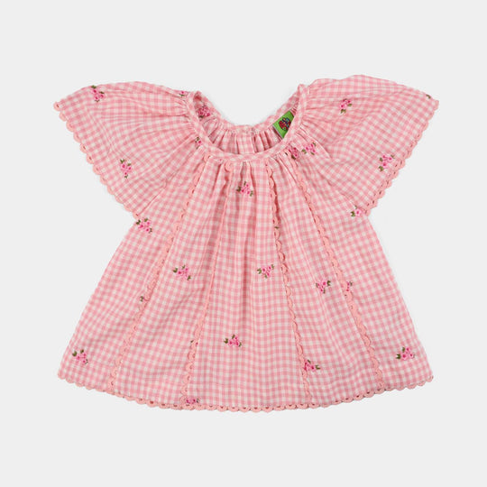 Infant Girls Cotton Embroidered Top Pink Checks - Pink